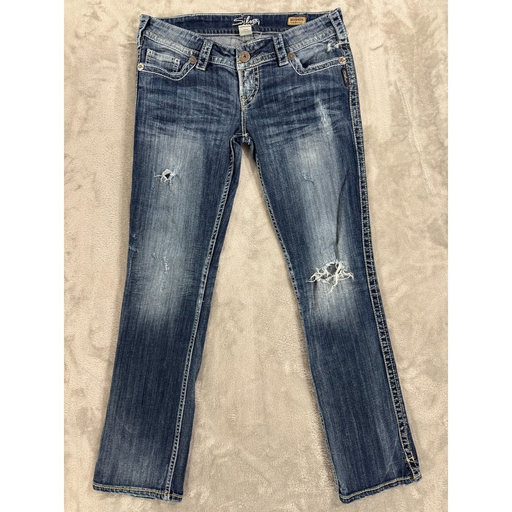 Silver Bootcut Jeans Womens W30 L32 Slim Y2K Western Flap Pockets Ripped Denim